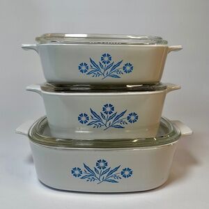 Vintage Corning Ware Cornflower Blue 3-Piece Casserole Set w/ Glass Lids
